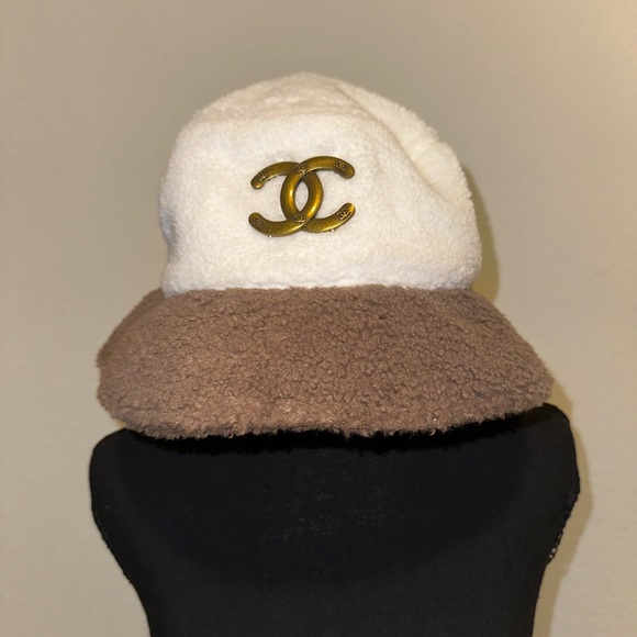 CHANEL Cream and Brown Designer Winter Bucket Hat with Gold Logo